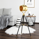 Tripod floor lamp with retro chrome studio spotlight