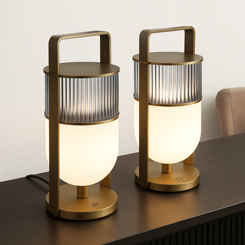 Designer glass LED table lamp, lantern style - vue 4 sur 7