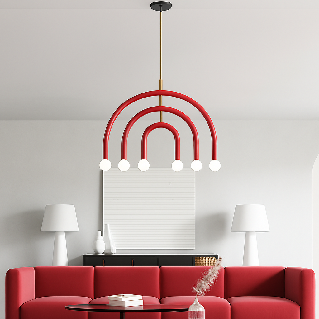 Creative rainbow LED chandelier colourful metal pendant for bedroom, living room, restaurant, café, dining room - vue 3 sur 23