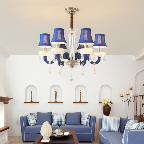 Baroque LED chandelier with crystal glass and royal fabric shade - vue 5 sur 9