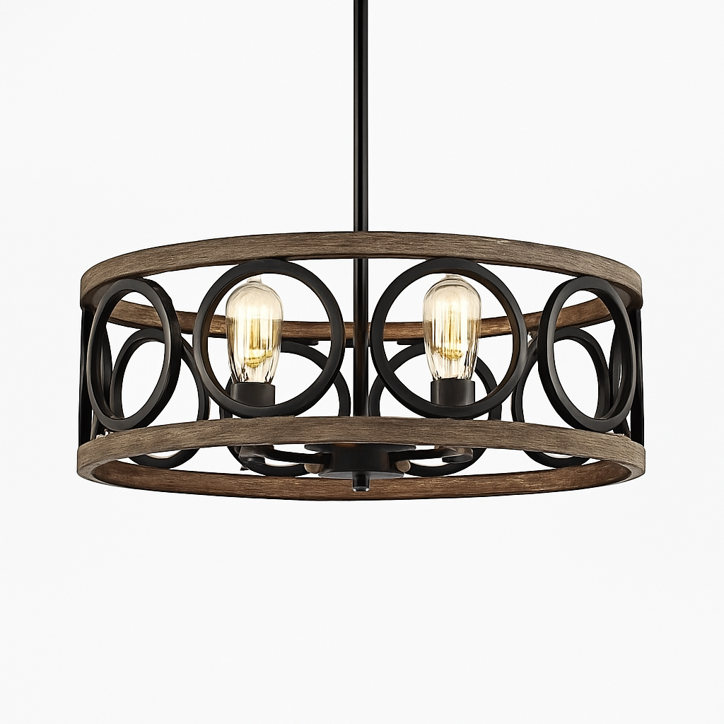 American industrial circular chandelier retro farmhouse iron wood grain for restaurant home bedroom ceiling light