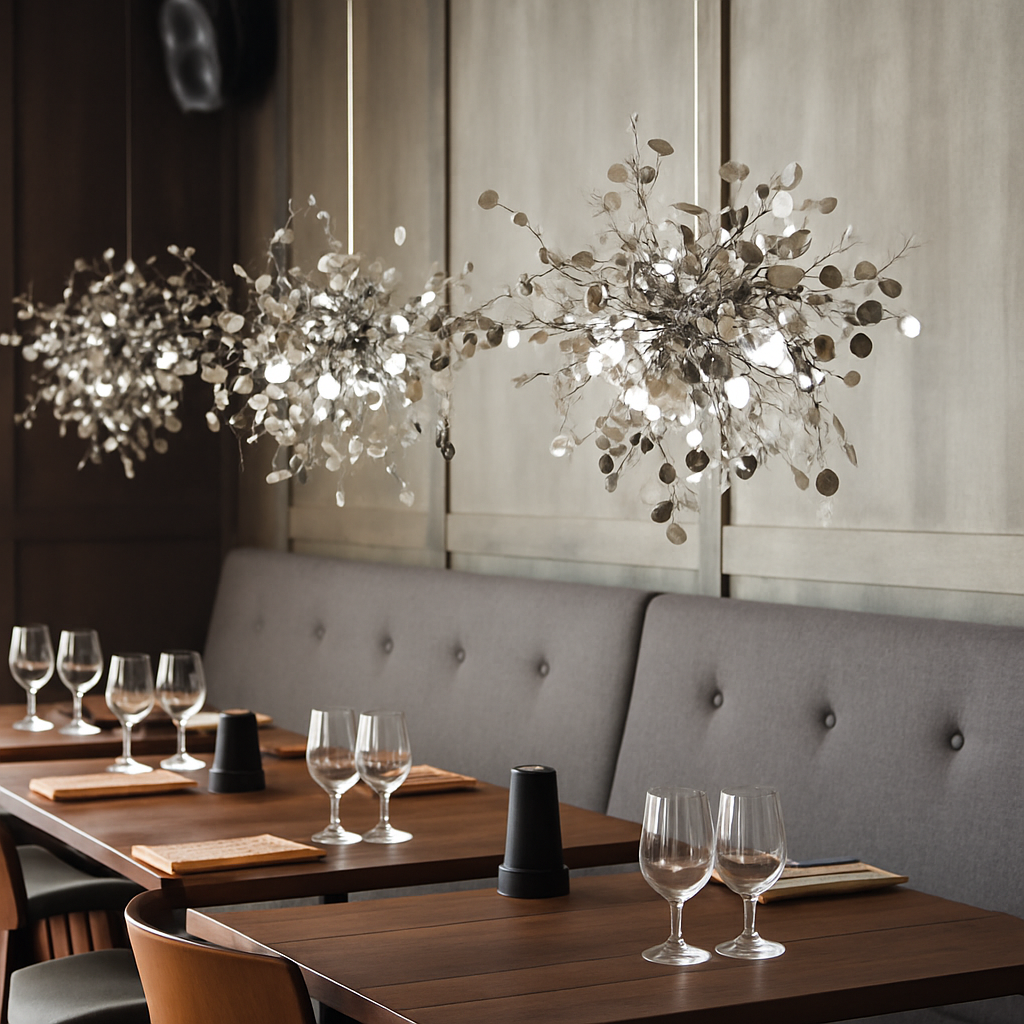Contemporary chrome chandelier with round leaf tree design - vue 5 sur 9