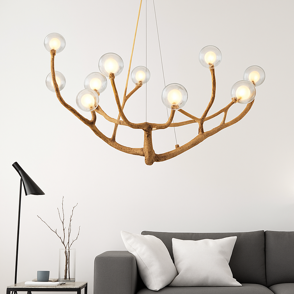 Modern designer chandelier with tree branch shape and multiple LED lights