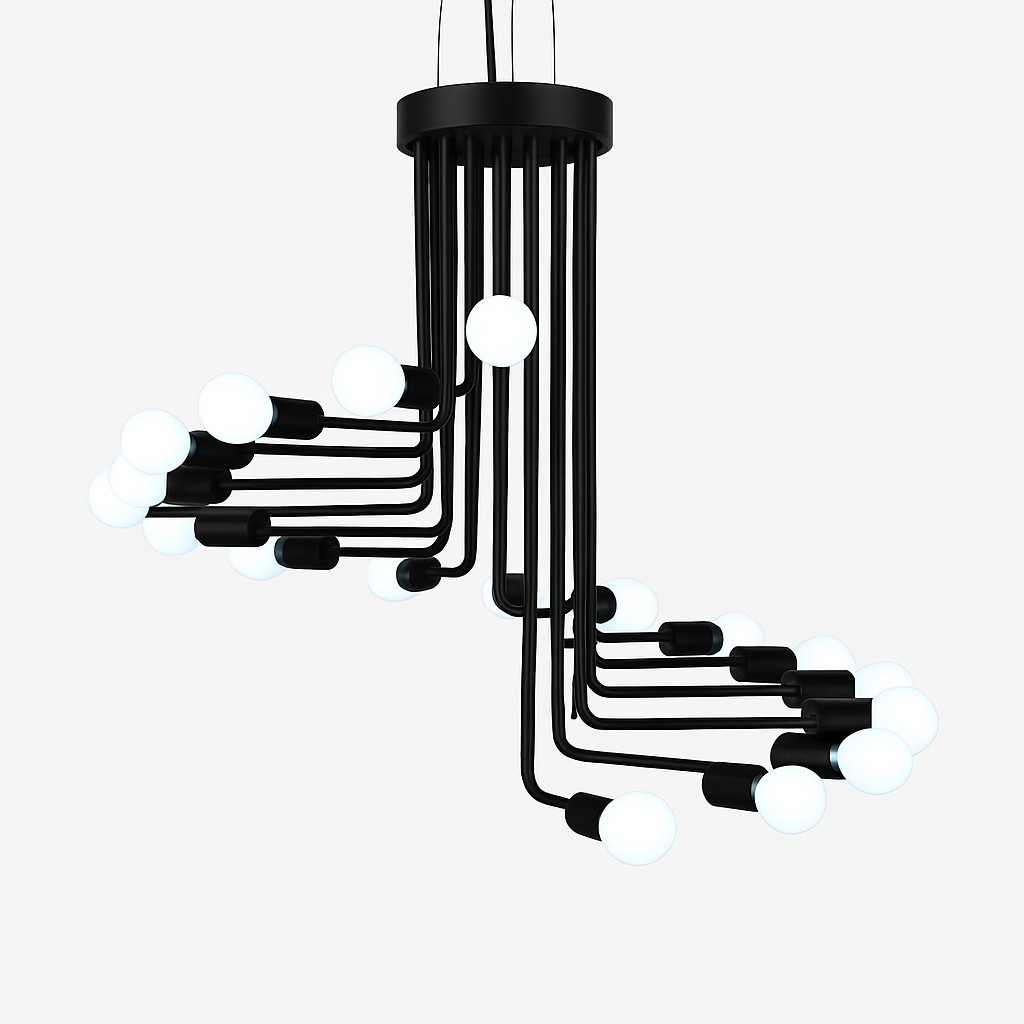 Black designer chandelier with multiple staircase-style branches