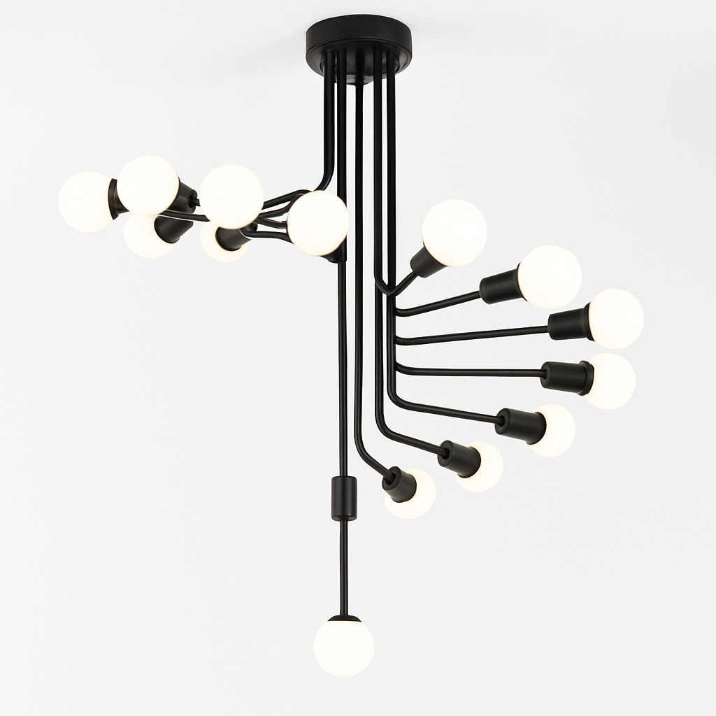 Black designer chandelier with multiple staircase-style branches