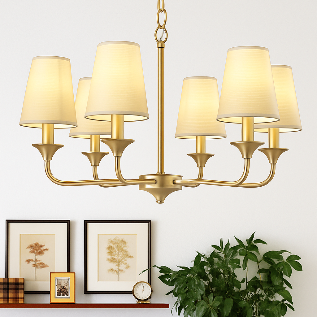 Golden chandelier with royal fabric shades - vue 4 sur 7