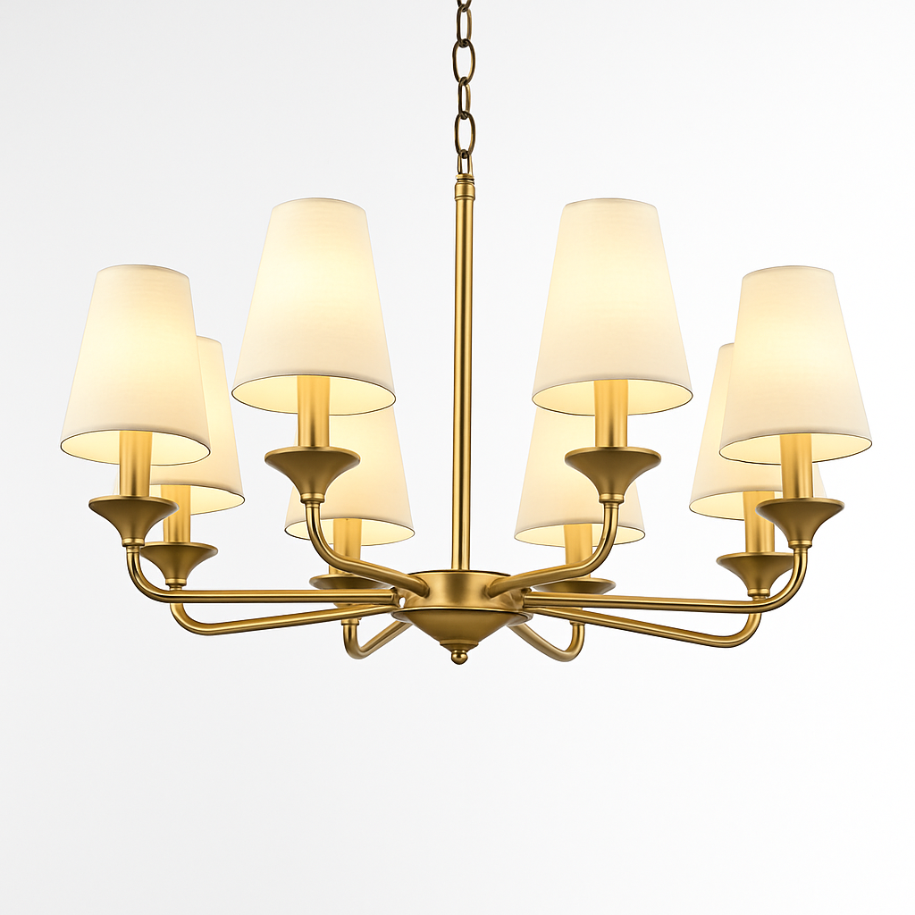 Golden chandelier with royal fabric shades