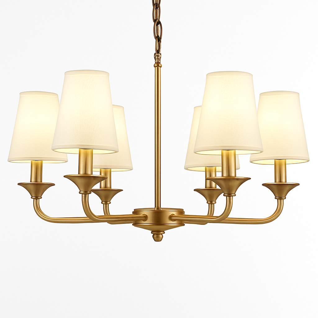 Golden chandelier with royal fabric shades - vue 6 sur 7