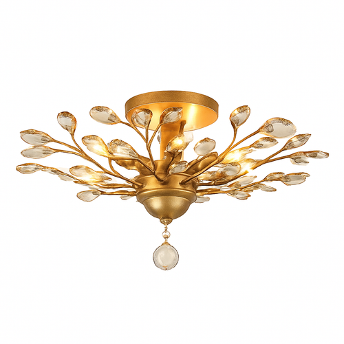 Lustre LED en cristal doré à feuilles