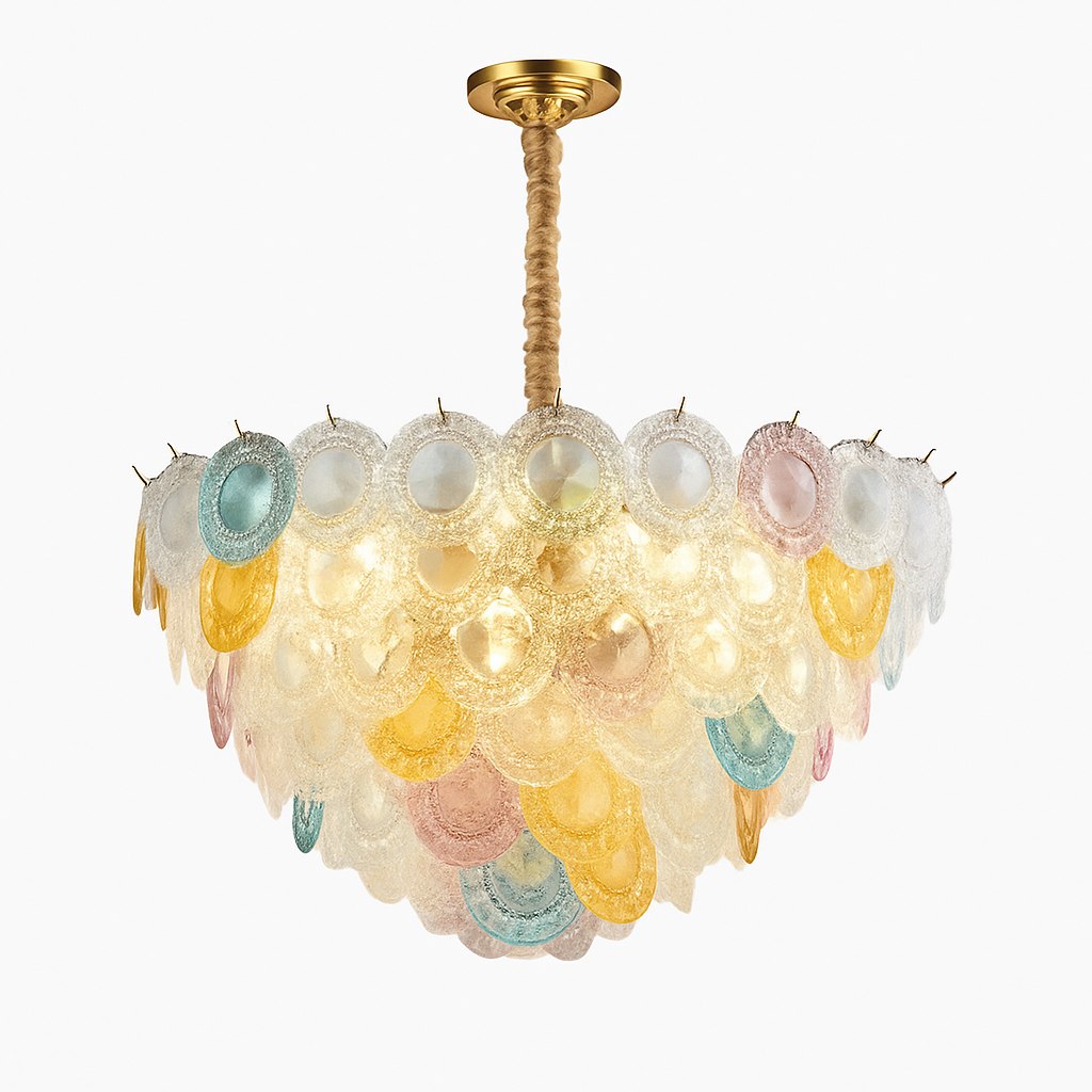 Postmodern iron and coloured glass chandelier, elegant design for indoor lighting
