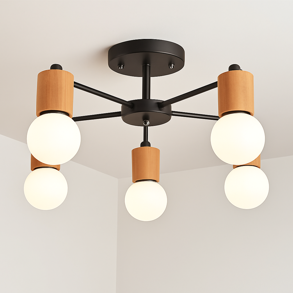 modern industrial wood and iron sputnik chandelier