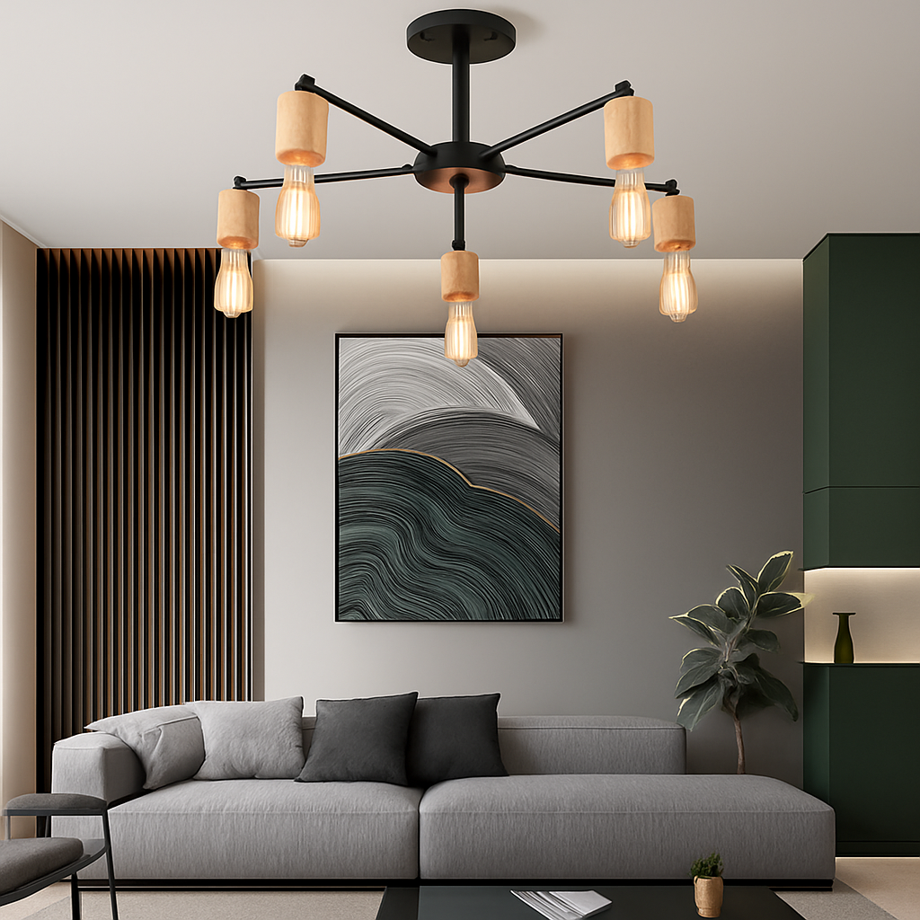 modern industrial wood and iron sputnik chandelier