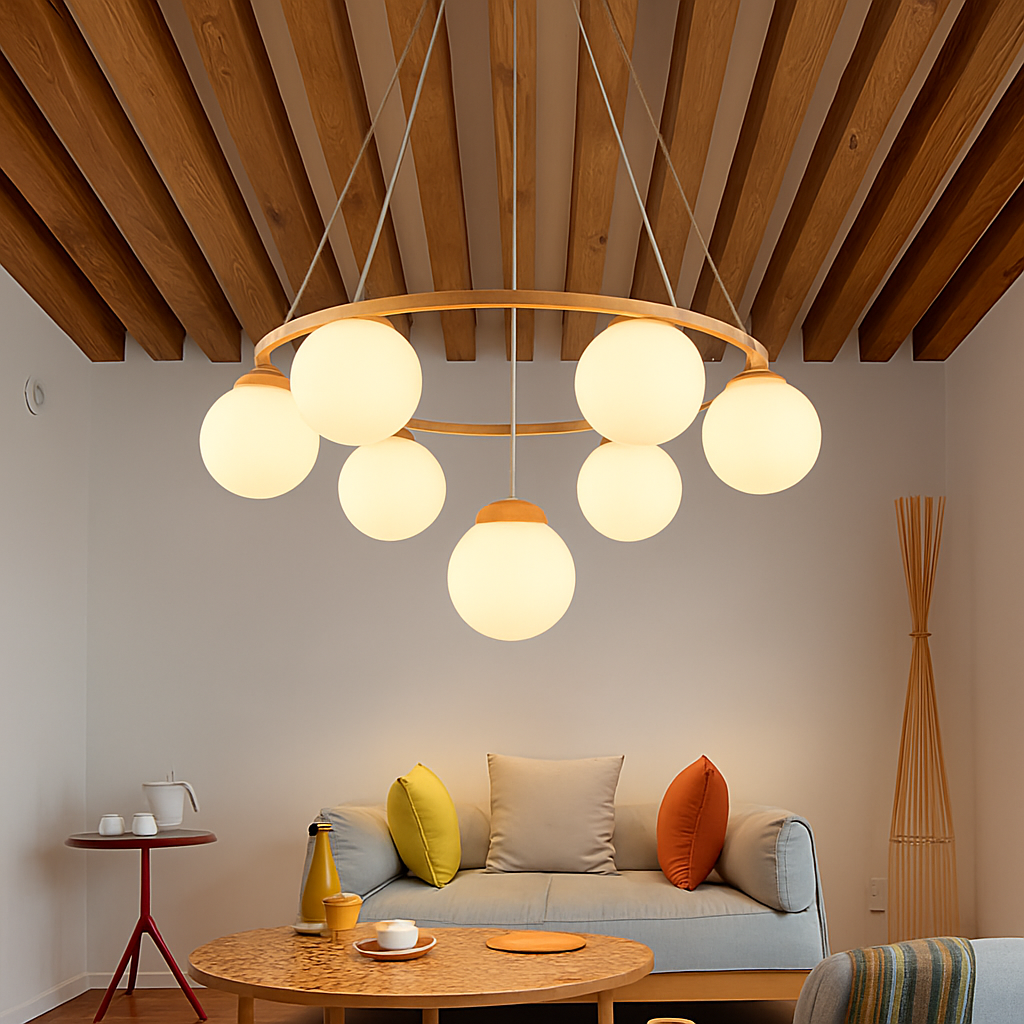 Wooden pendant chandelier with modern glass lamp