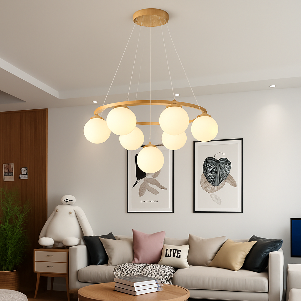 Wooden pendant chandelier with modern glass lamp