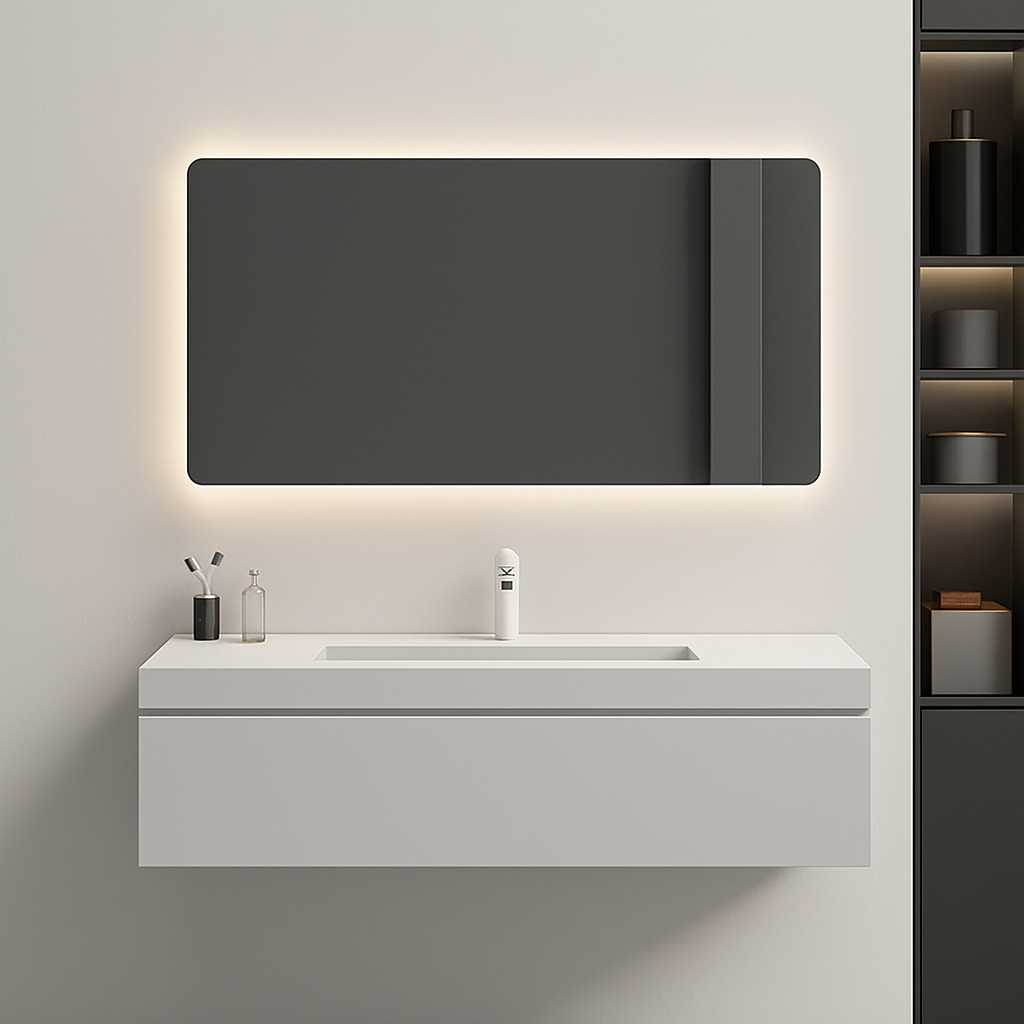 Rectangular smart mirror with touch screen and LED lighting