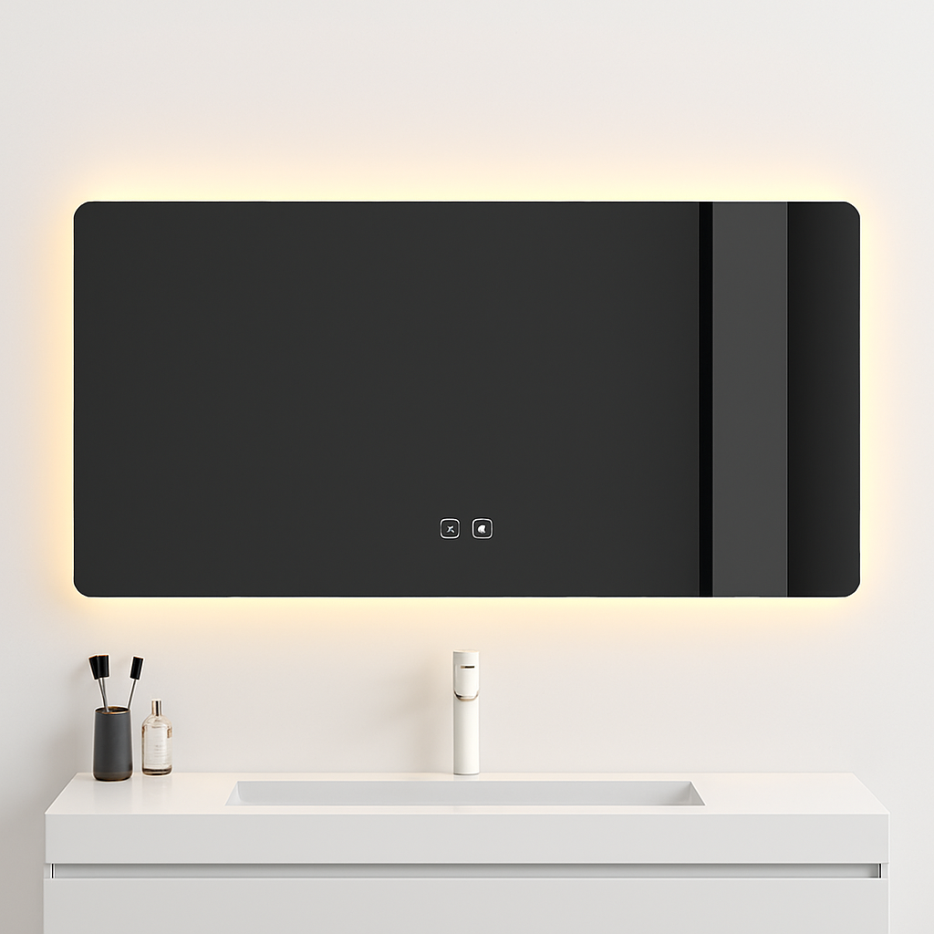 Rectangular smart mirror with touch screen and LED lighting