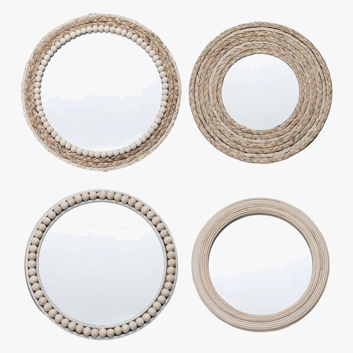 Round straw rope mirror with decorative wood beads