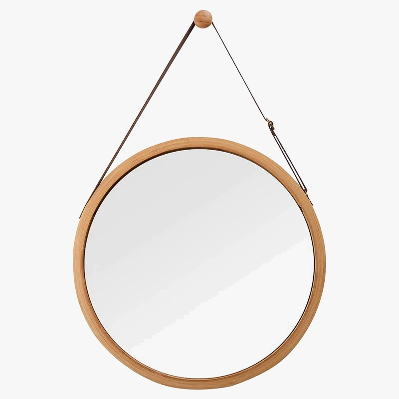 round hanging bamboo mirror with adjustable leather strap