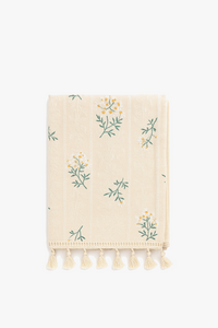 Embroidered cotton tablecloth with floral motifs and tassels, Korean style