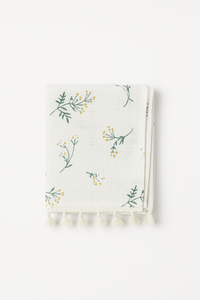 Embroidered cotton floral tablecloth with pompoms, Korean style