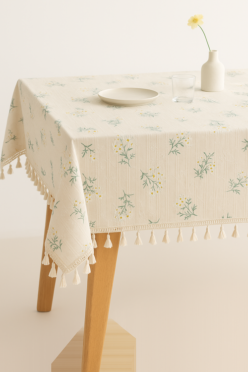 Nappe coton brodée motifs floraux style coréen pompons