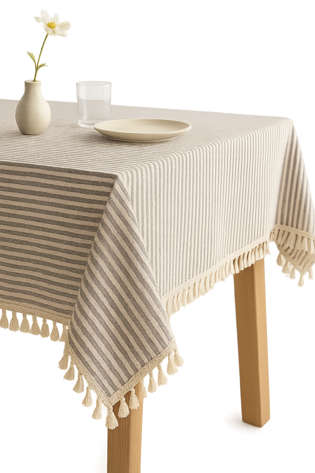 Cotton linen striped tablecloth with tassels, modern style