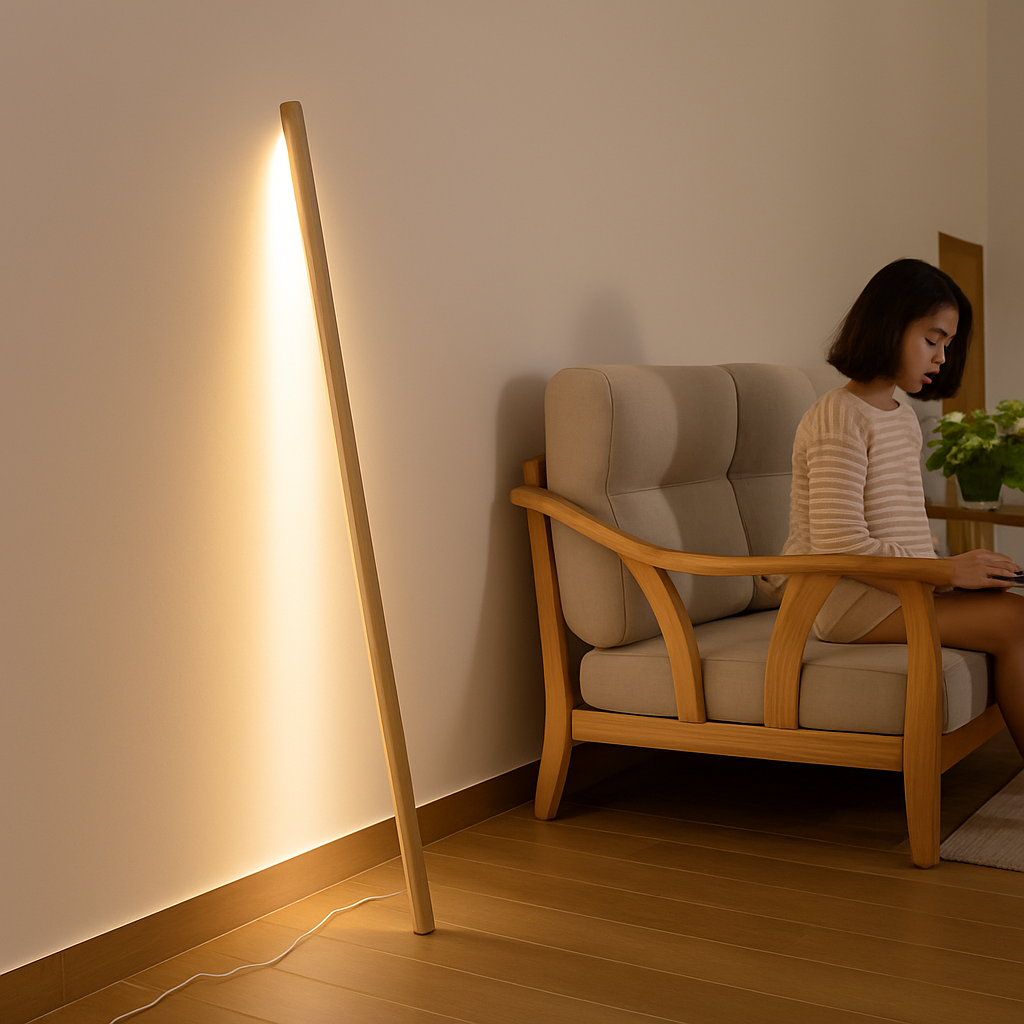 Nordic black walnut and ash floor lamp against wall with LED for bedroom, bedside, living room