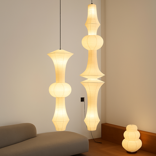 Nordic wabi sabi style rice paper LED pendant light for living room, bedroom and bedside - duplex loft home decor - vue 2 sur 18