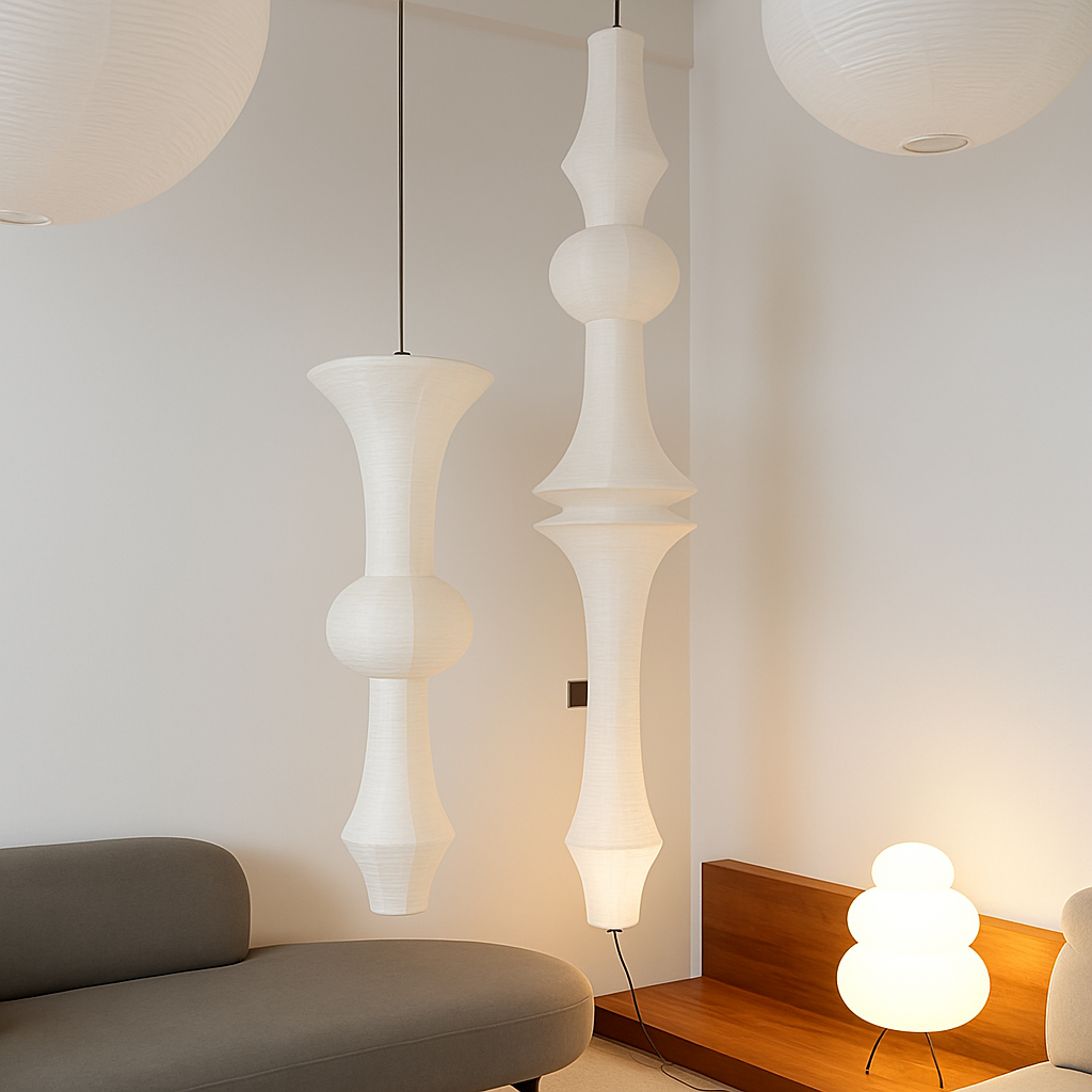Nordic wabi sabi style rice paper LED pendant light for living room, bedroom and bedside - duplex loft home decor - vue 3 sur 18