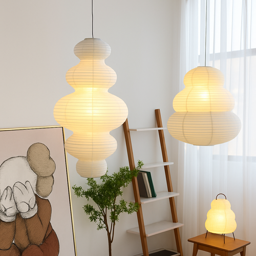 Nordic wabi sabi style rice paper LED pendant light for living room, bedroom and bedside - duplex loft home decor - vue 5 sur 18