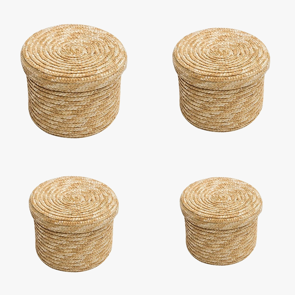 straw woven storage basket with lid and organizer