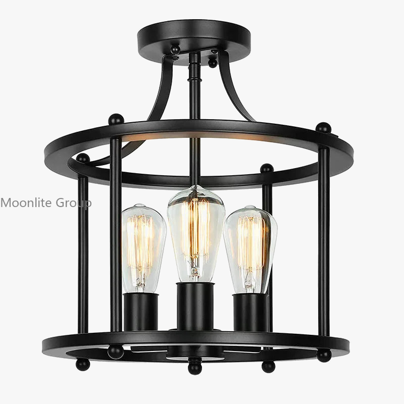 Retro industrial black wrought iron LED ceiling chandelier with three heads
