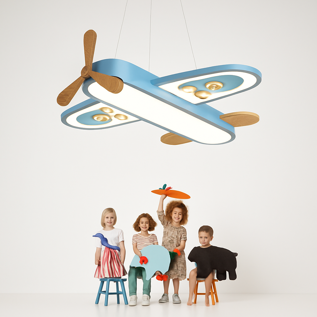Yellow and blue LED airplane ceiling light in minimalist wood for children's room