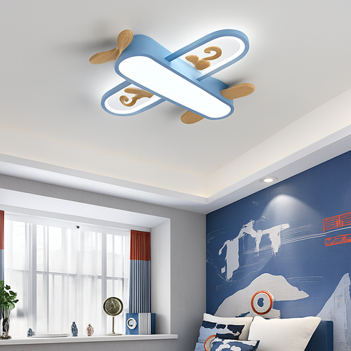 Yellow and blue LED airplane ceiling light in minimalist wood for children's room - vue 3 sur 10
