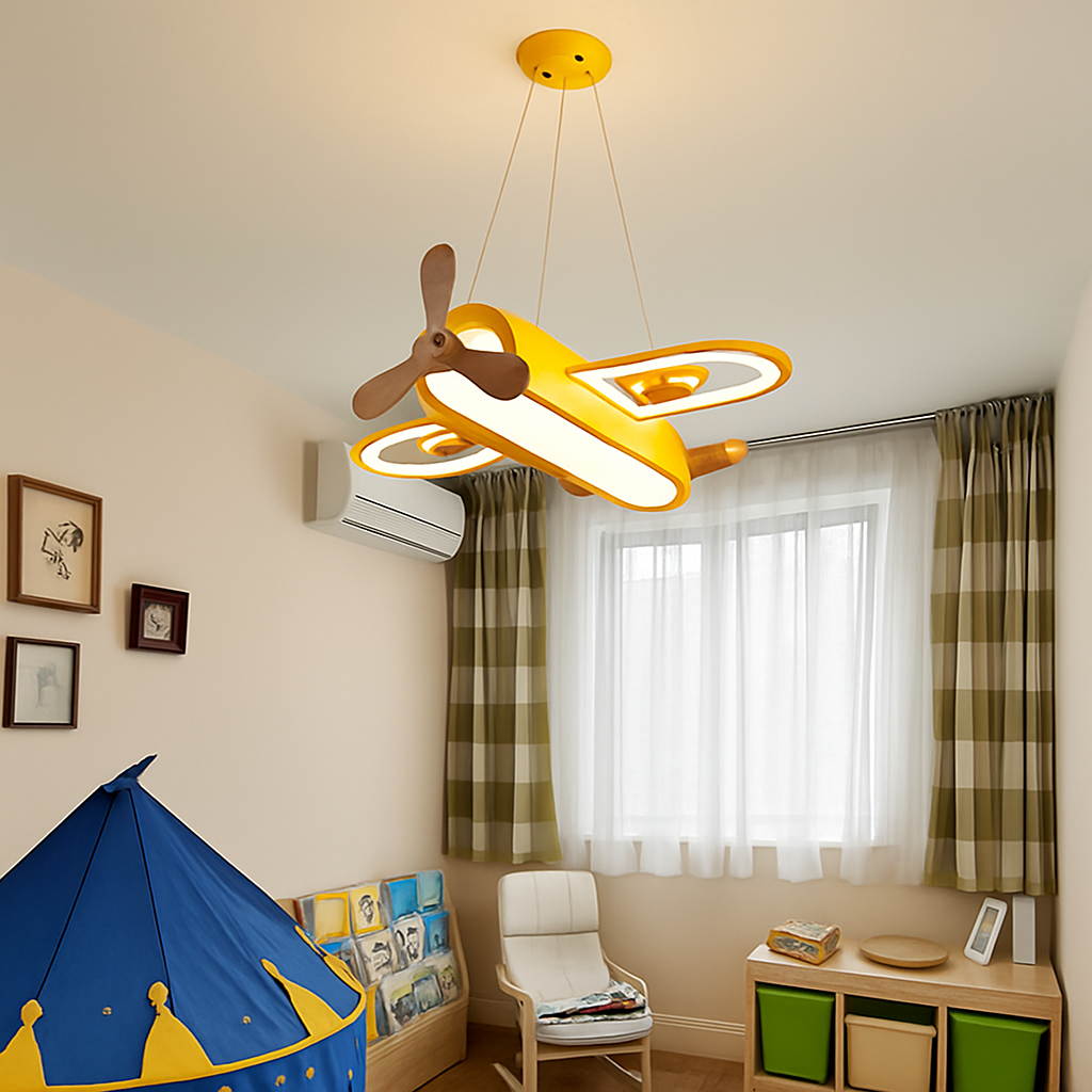 Yellow and blue LED airplane ceiling light in minimalist wood for children's room - vue 5 sur 10