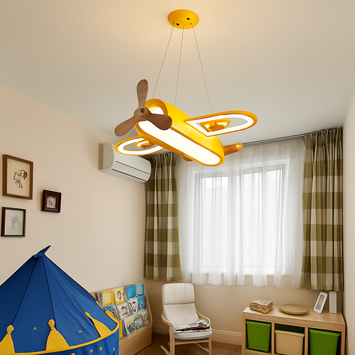 Yellow and blue LED airplane ceiling light in minimalist wood for children's room - vue 5 sur 10