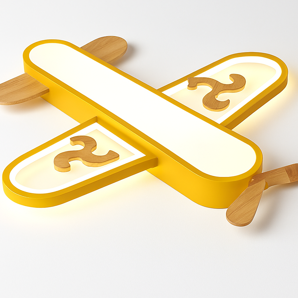 Yellow and blue LED airplane ceiling light in minimalist wood for children's room - vue 6 sur 10