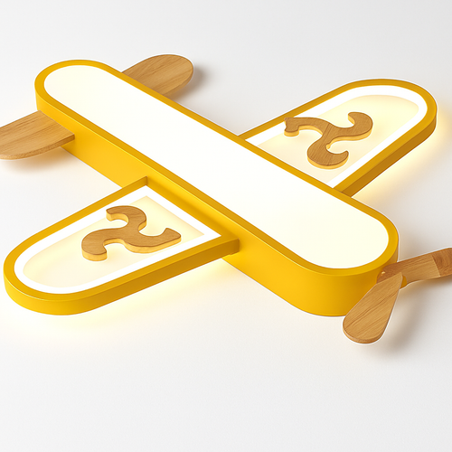 Yellow and blue LED airplane ceiling light in minimalist wood for children's room - vue 6 sur 10