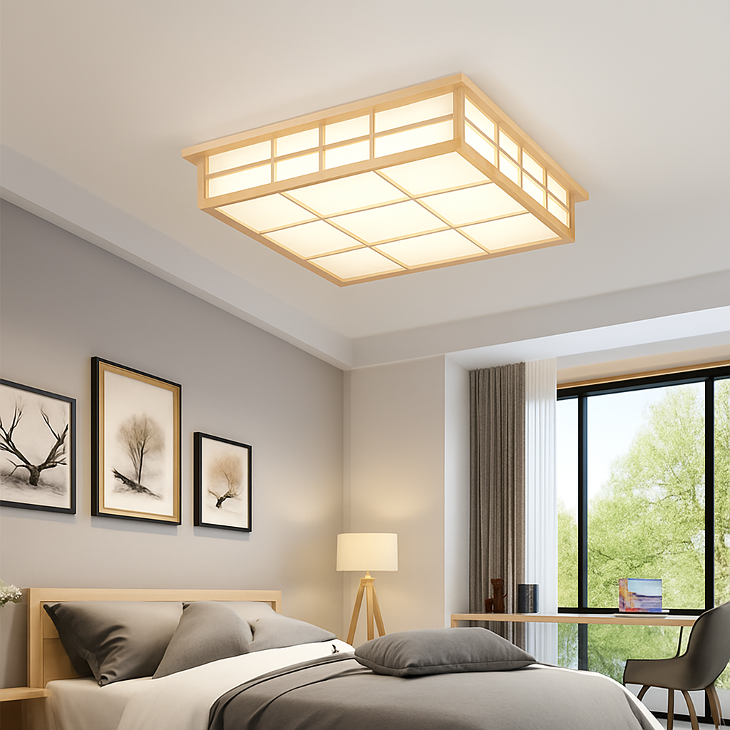 Japanese wooden square LED ceiling light for kitchen or restaurant - vue 3 sur 7