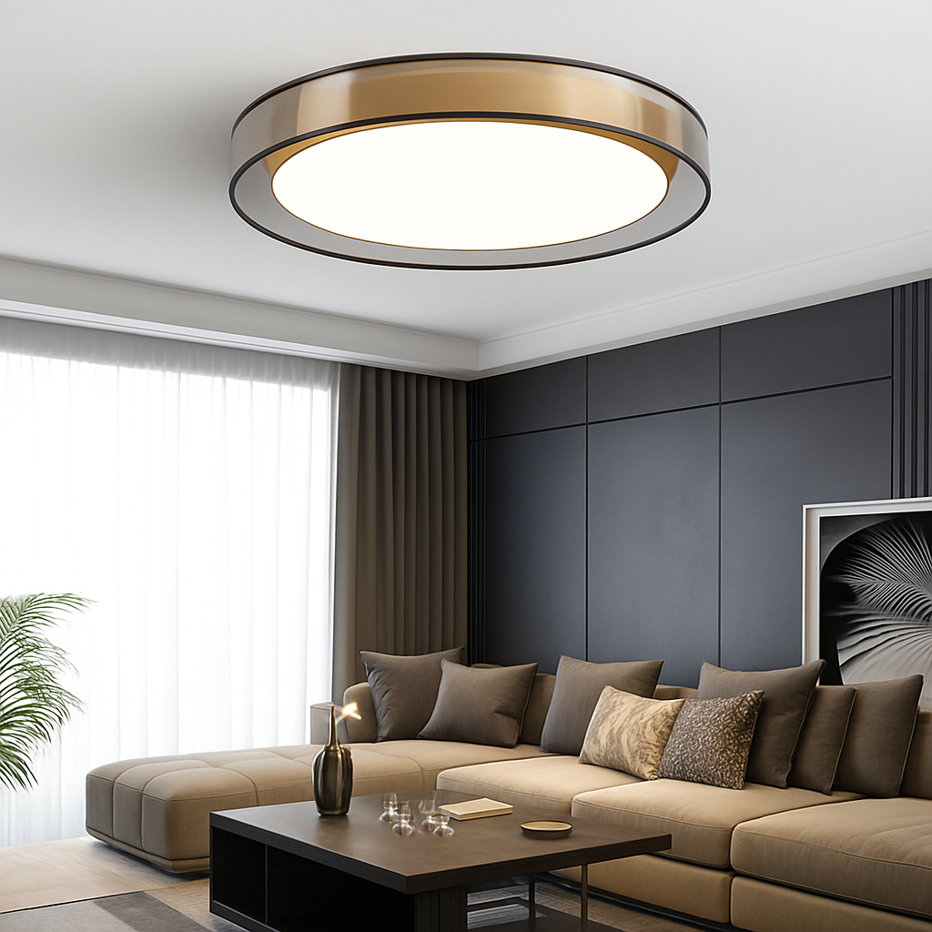Modern gold LED ceiling light with disc loft design - vue 3 sur 6