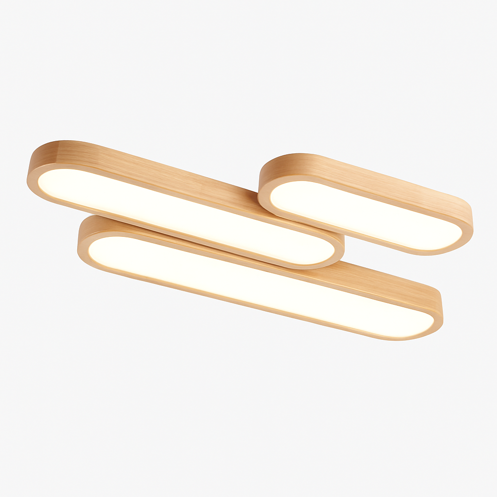 LED wooden ceiling light in the shape of rounded tubes