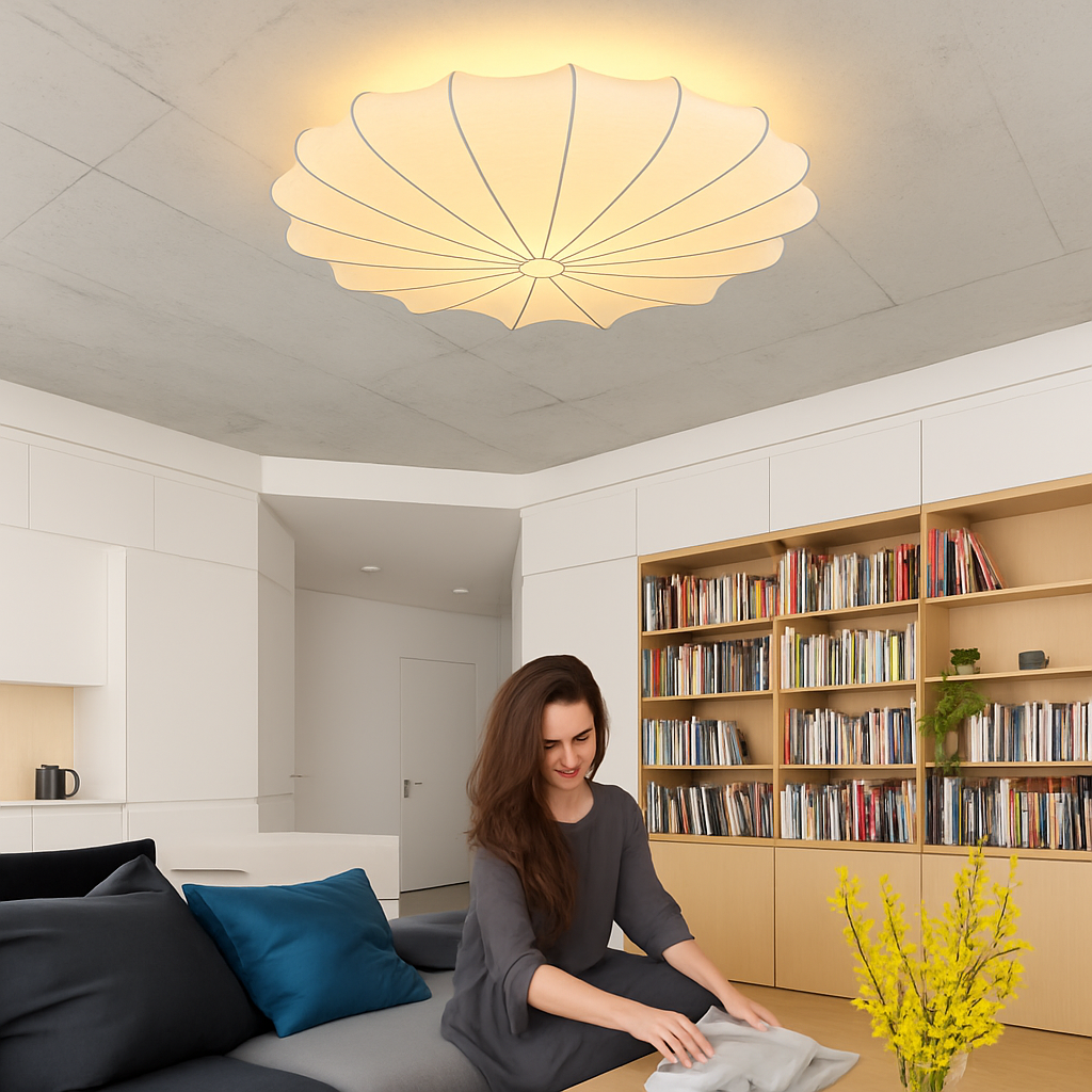 Japanese round art ceiling light in silk, minimalist lounge and bedroom nelson lamp - vue 3 sur 12