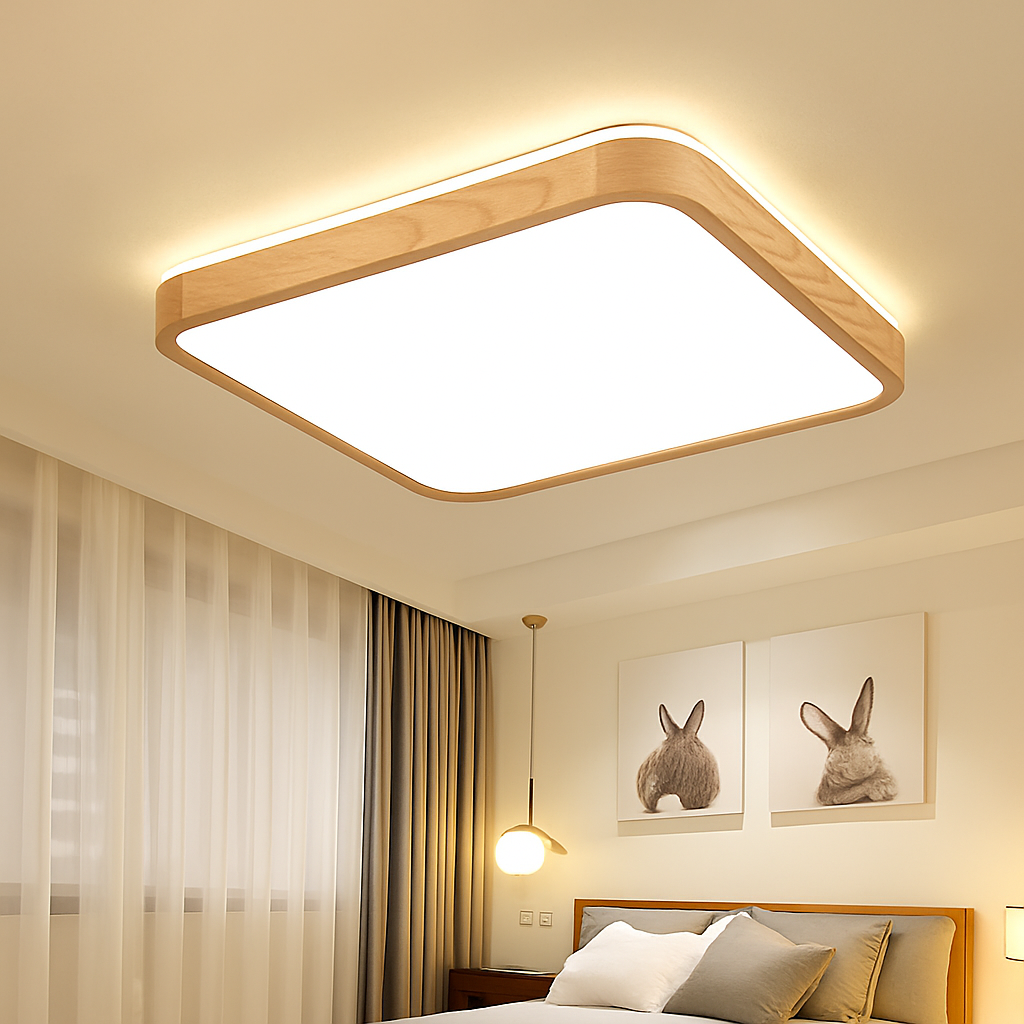 Dimmable round square wood LED ceiling light with remote control - vue 3 sur 15