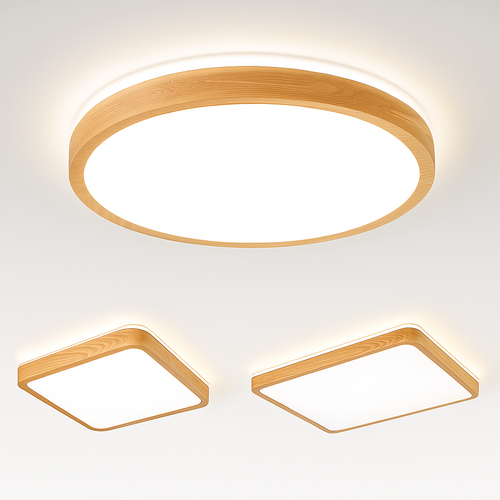 Dimmable round square wood LED ceiling light with remote control - vue 5 sur 15
