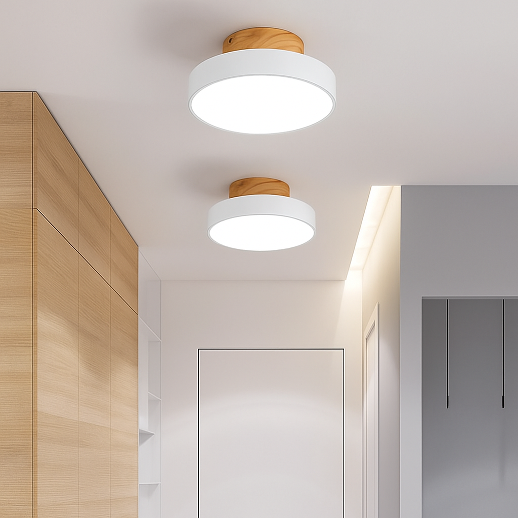 Modern LED ceiling light in wood and colored metal Celio