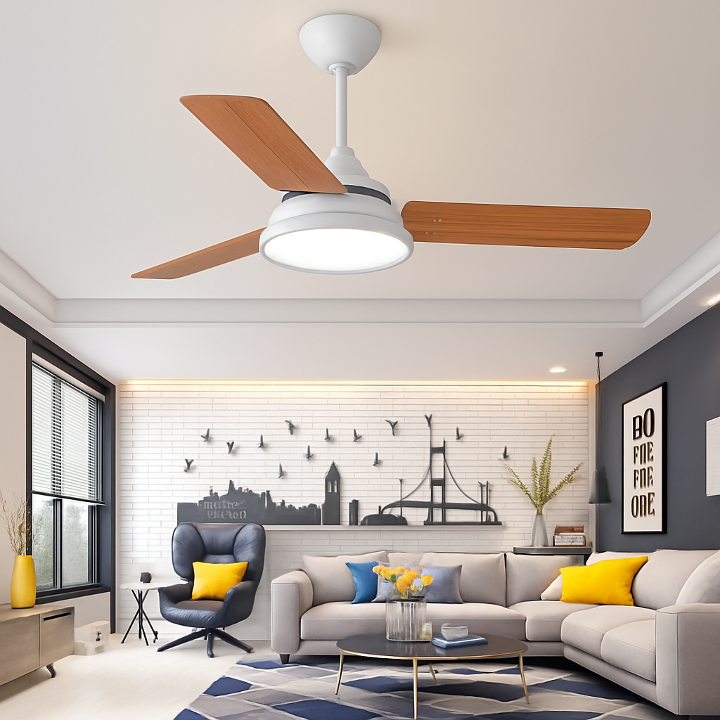 Modern ceiling fan with remote control and integrated LED lighting