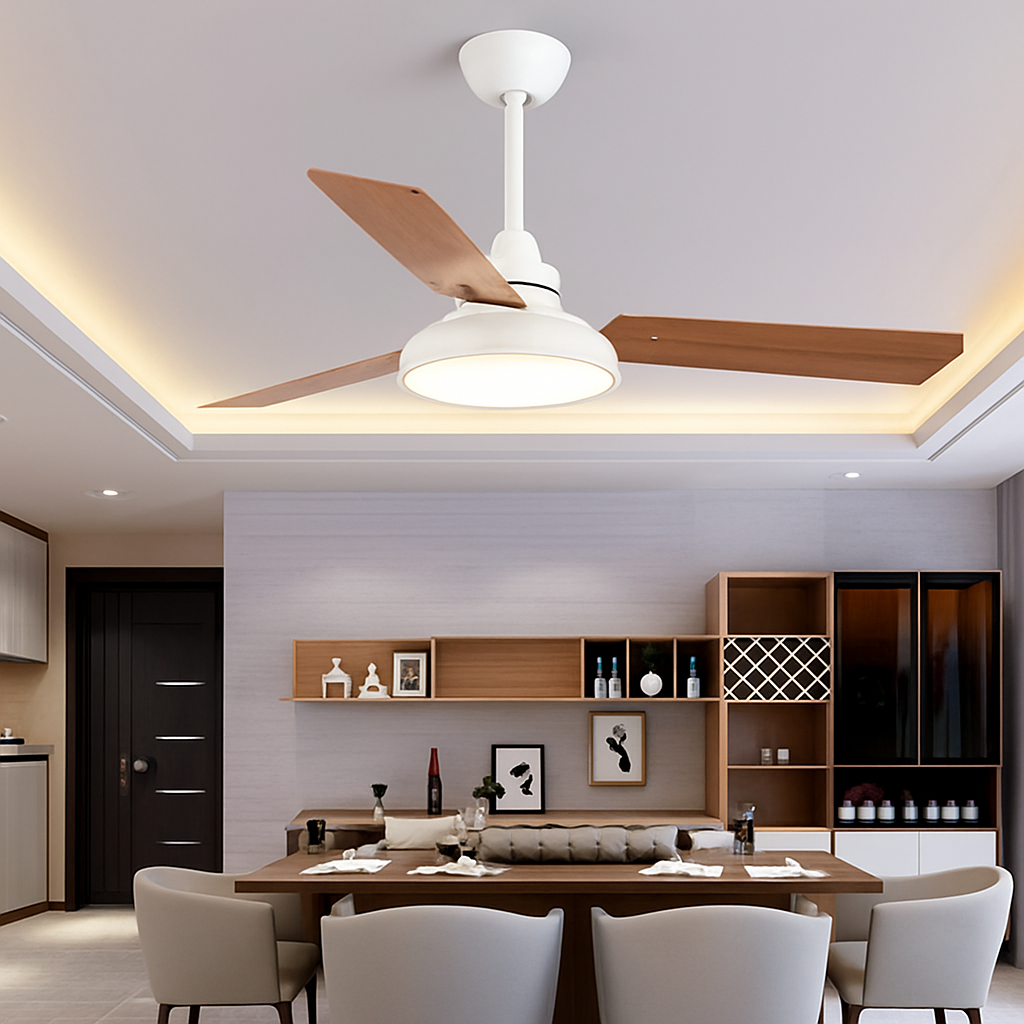 Modern ceiling fan with remote control and integrated LED lighting