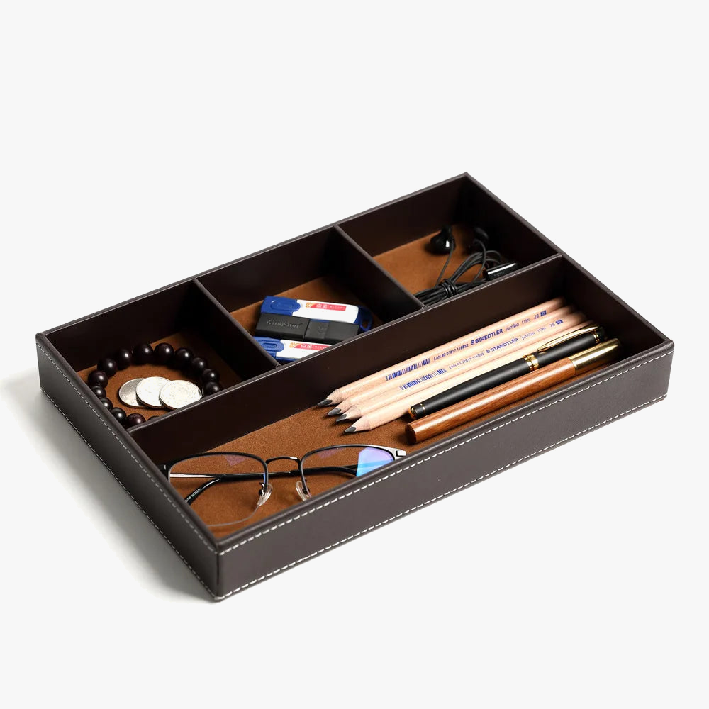 Faux leather storage tray with 5 practical compartments
