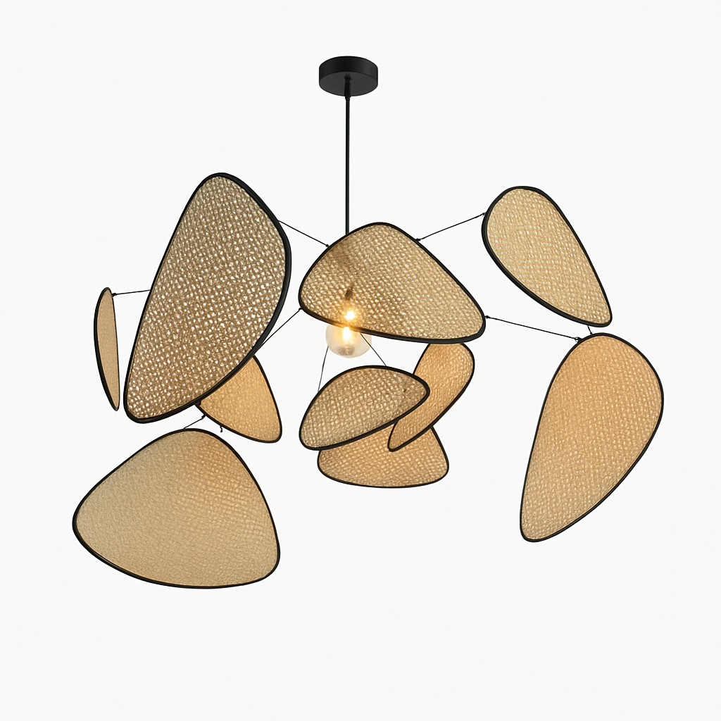 Postmodern LED ceiling chandelier with rattan leaf grid, handmade pendant light for living room and bedroom
