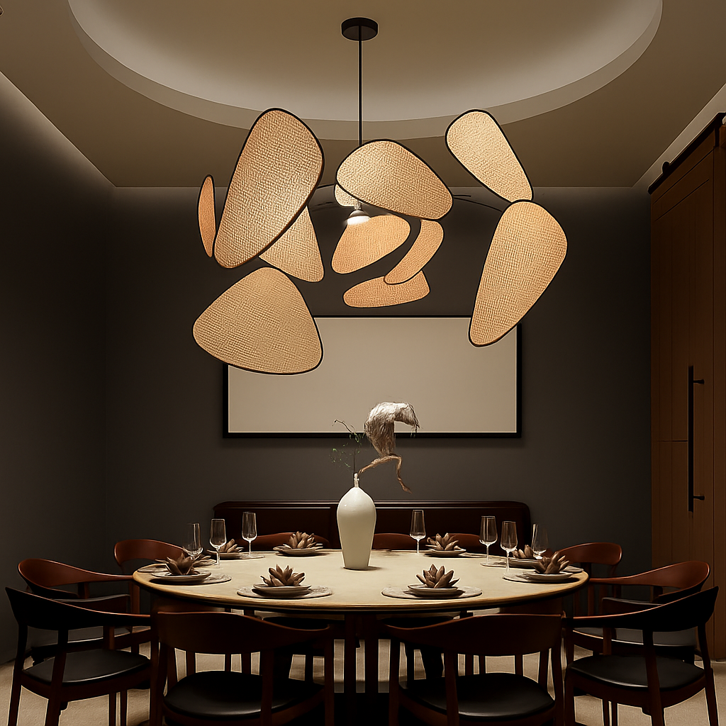 Postmodern LED ceiling chandelier with rattan leaf grid, handmade pendant light for living room and bedroom